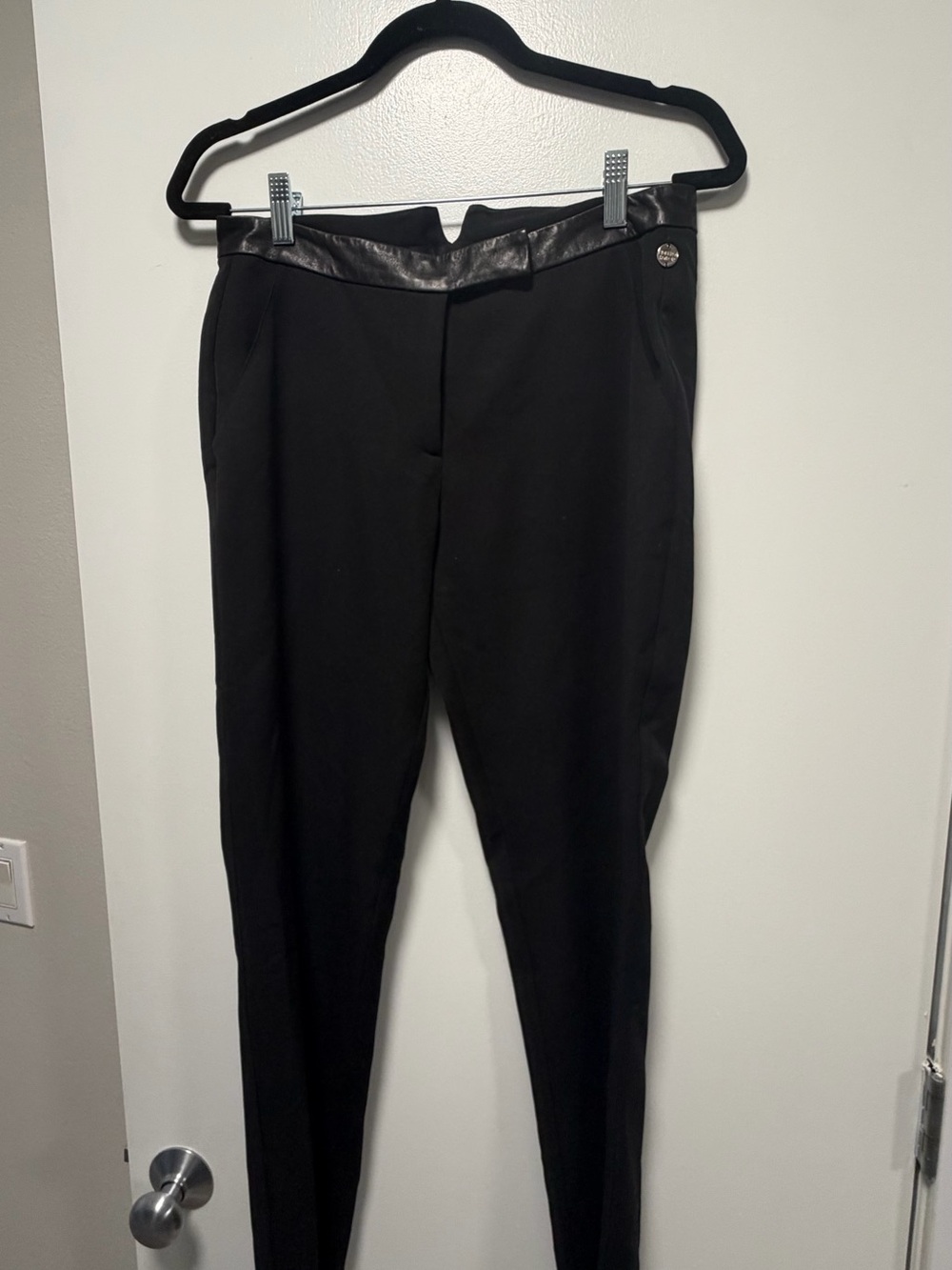 Black Skinny Ponte Pants with Faux Leather Trim